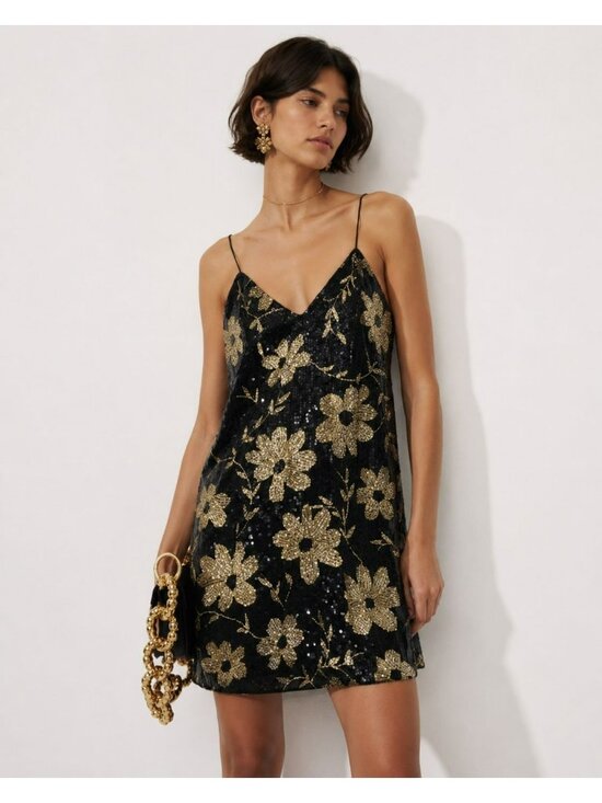 Ashish Dresses & Skirts - Ashish $2000 Black Gold Floral Sequin Mini Dress 90s Slip Dress Annies Ibiza